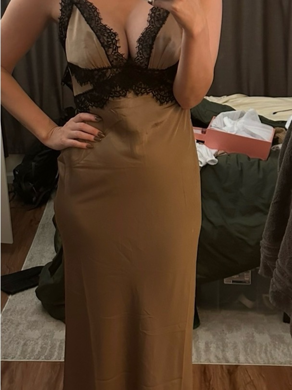 Satin Lace-Trim Slip Dress in Chocolate Brown - REVOLVE - Picture 2 of 3